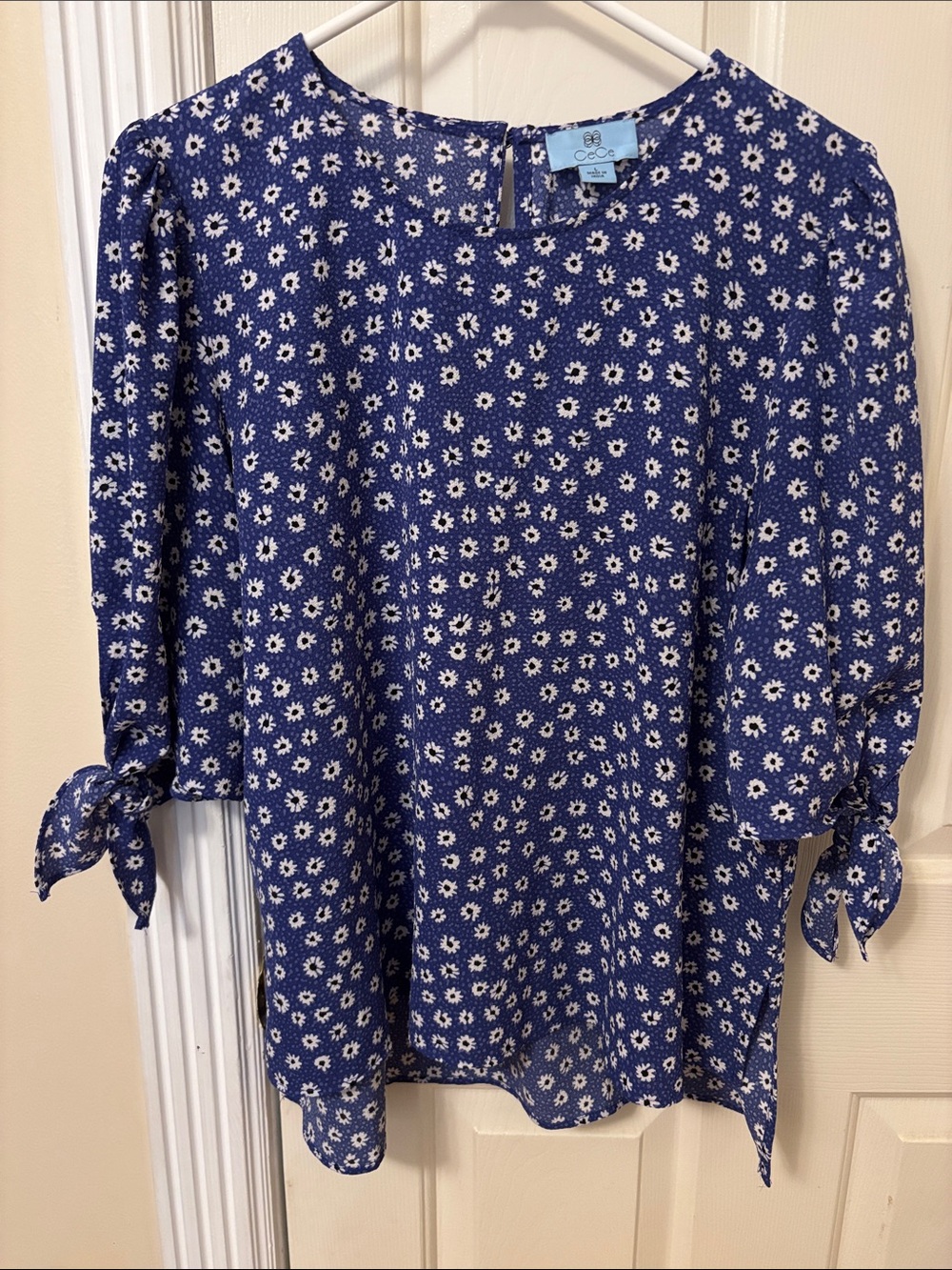 CeCe Royal Blue Daisy Tie-Sleeve Blouse
